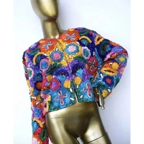Vintage Silk Ribbon Boxy Bolero Jacket 90s Bead Embellished Flower Pearl Rainbow - Picture 1 of 14